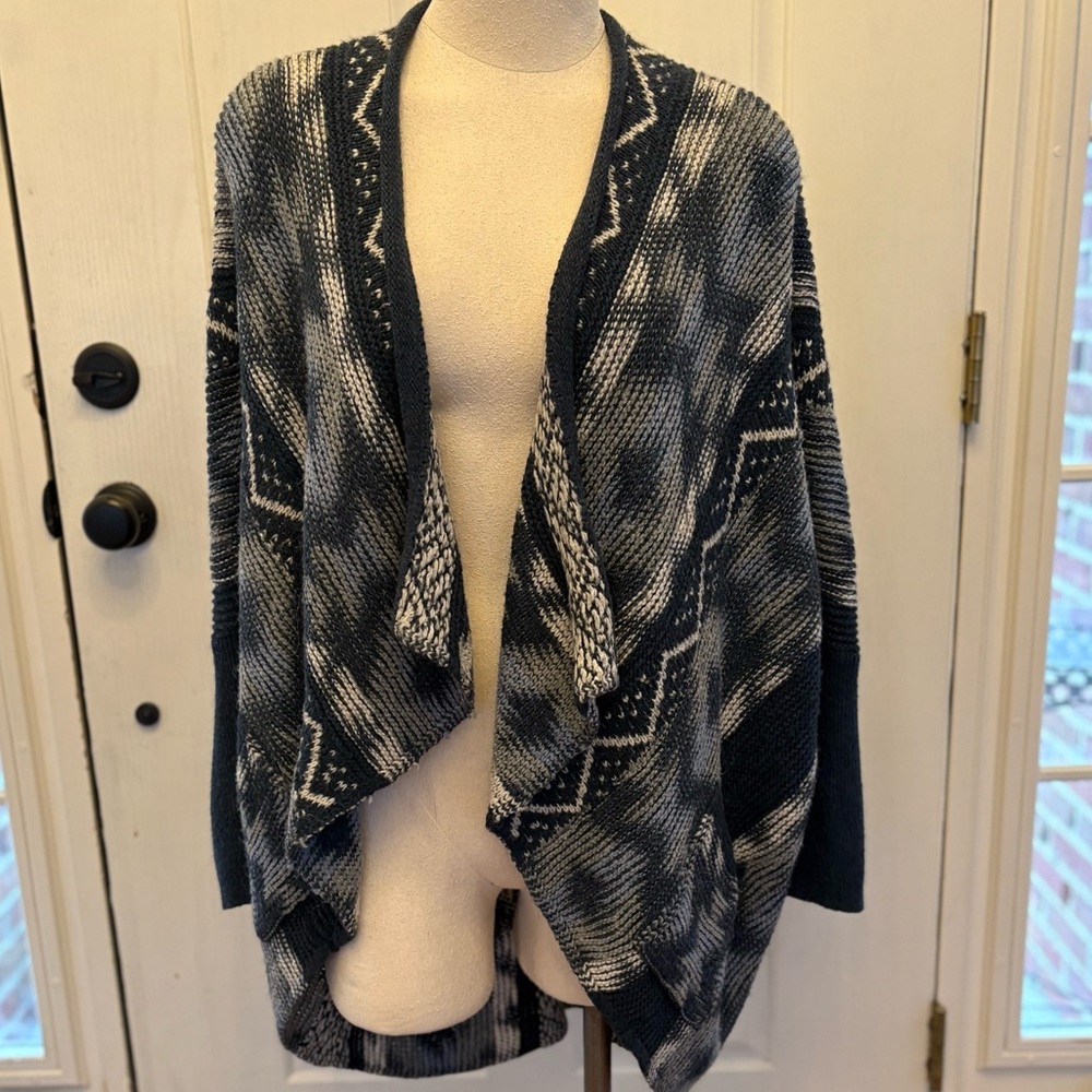 Women's Blue & White Aztec Boho Cardigan Open Sweater One Size OS